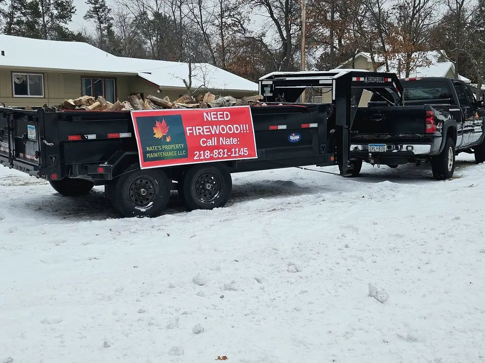 Trailer of firewood parked in the snow